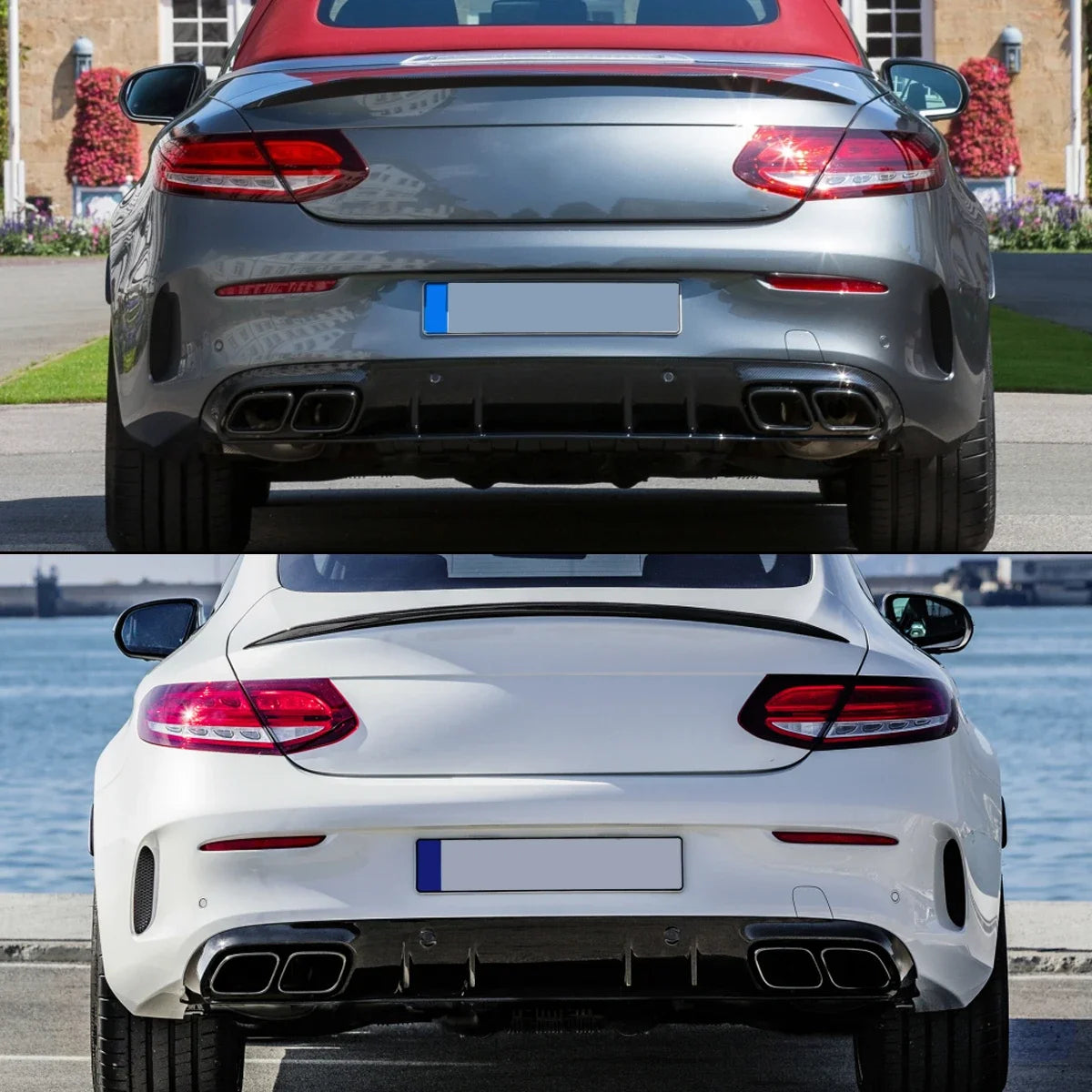 Heckdiffusor mit Endrohren im C63 Style für Mercedes-Benz C-Klasse C205 / A205 Coupé & Cabrio (2015–2018) – nur für AMG-Line Stoßstange