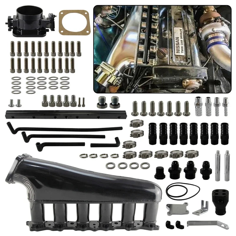 Ansaugbrücke + Kraftstoffrail + 90mm Drosselklappe für Nissan Skyline R32 RB20DET (1989–1994) – Aluminium Billet Intake Kit für RB20 2.0L Turbo