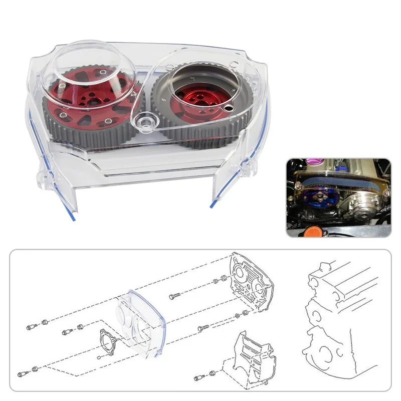 Nockenwellenräder + Zahnriemenabdeckung aus Polycarbonat für Nissan Skyline R32 / R33 RB25DET (1989–1998) – Cam Gear Pulleys & Timing Belt Cover