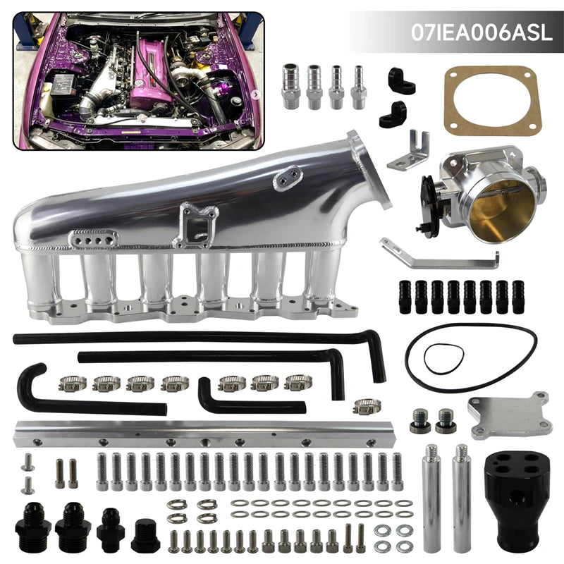 Ansaugbrücke + Kraftstoffrail + 90mm Drosselklappe für Nissan Skyline R32 RB20DET (1989–1994) – Aluminium Billet Intake Kit für RB20 2.0L Turbo