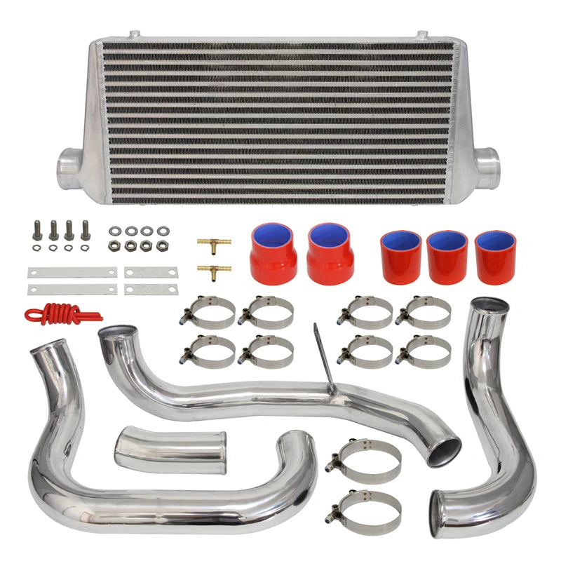 Front Mount Ladeluftkühler Kit mit Aluminiumrohren für Nissan Skyline R32 R33 R34 GTST RB20DET / RB25DET (1989–2001) – Blau / Schwarz / Rot