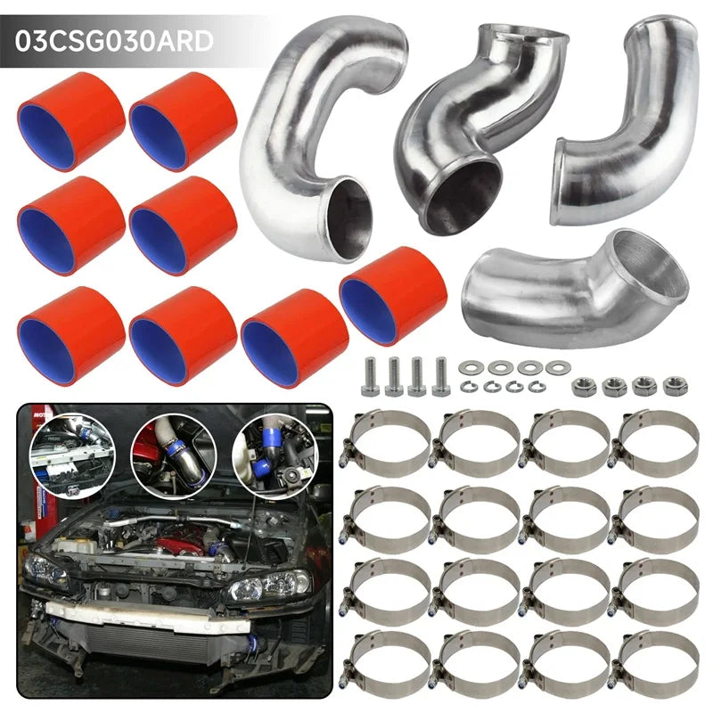Ladeluftkühler-Rohrleitungskit (Front-Mount) passend für **Nissan Skyline R33 / R34 GTR RB26DETT**, erhältlich in **Schwarz / Rot / Blau**