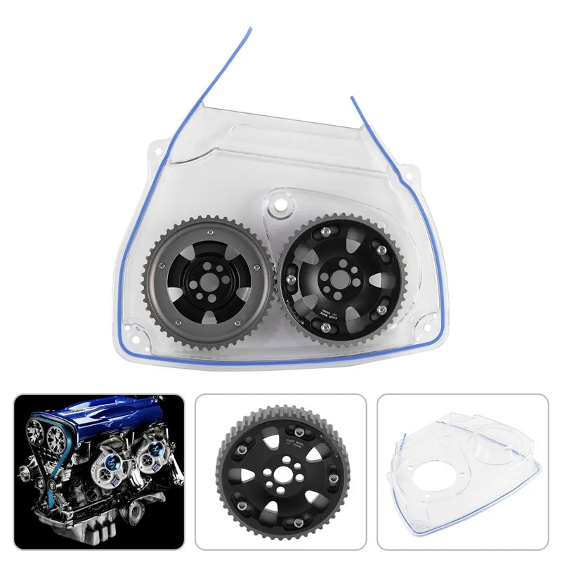 Nockenwellenräder + Zahnriemenabdeckung aus Polycarbonat für Nissan Skyline R32 / R33 RB25DET (1989–1998) – Cam Gear Pulleys & Timing Belt Cover